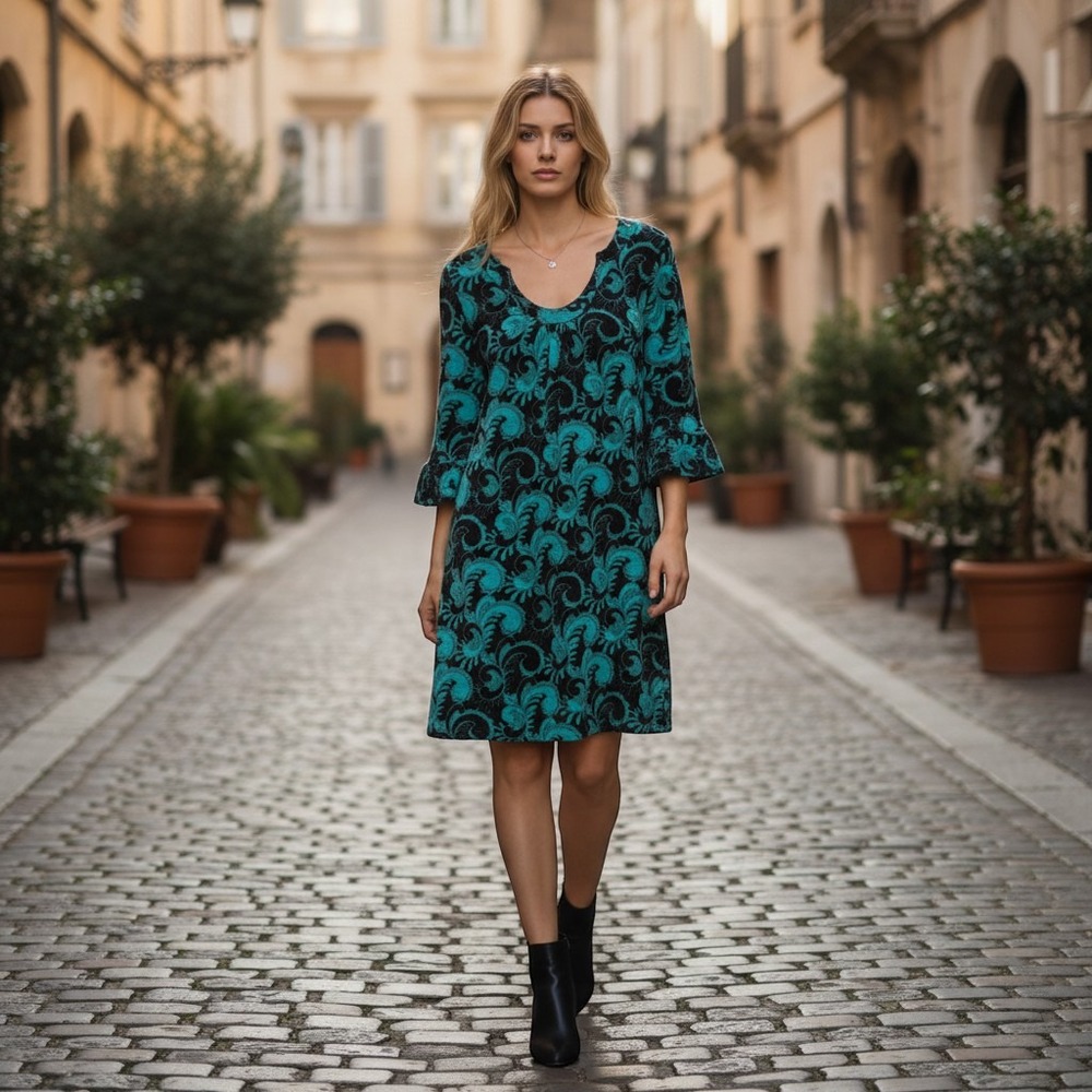 Aryeh Shift Dress Teal Black Paisley Ruffle Sleeve Women Large
